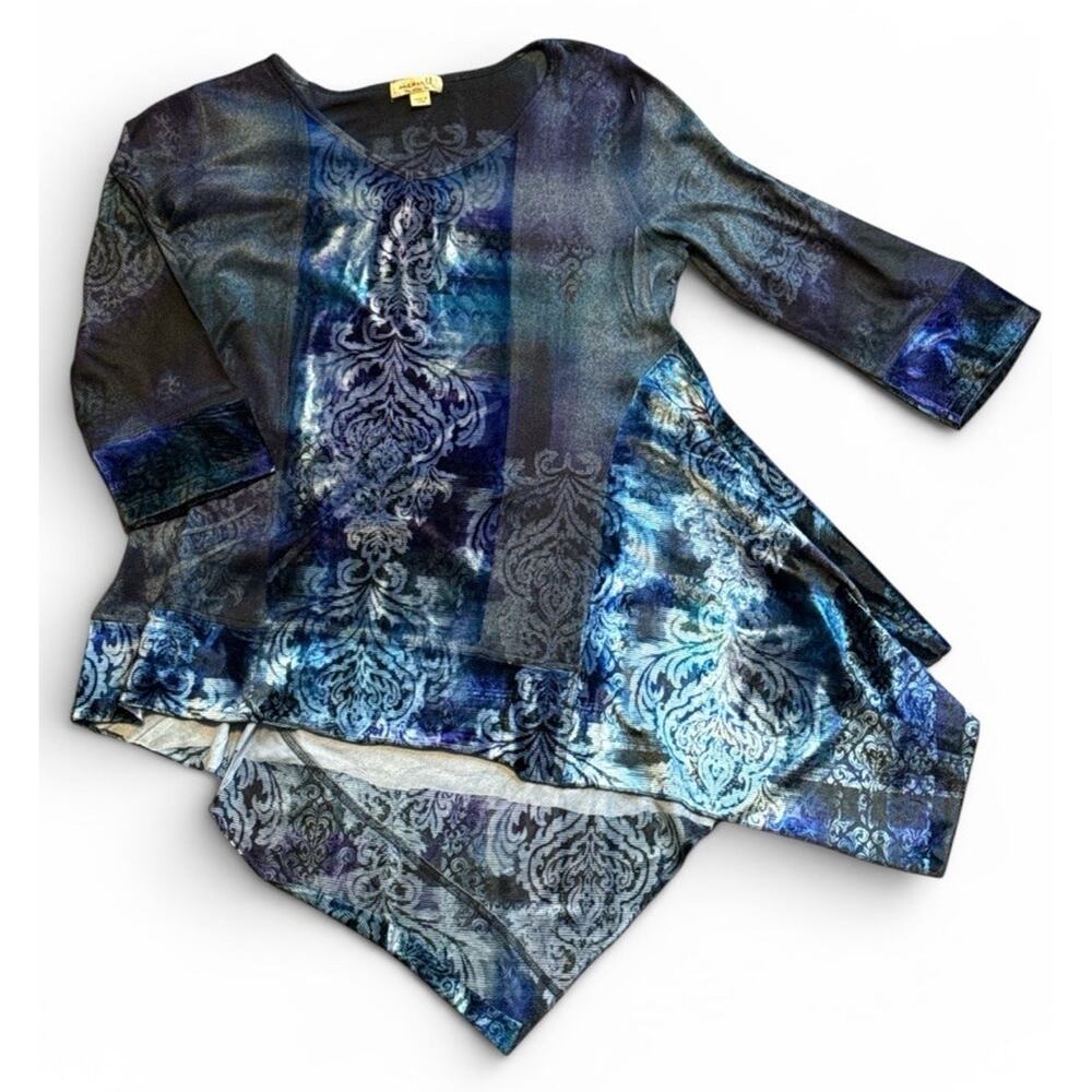 OneWorld Blue Abstract Sharkbite Tunic Top Large Boho Goth Asymmetrical